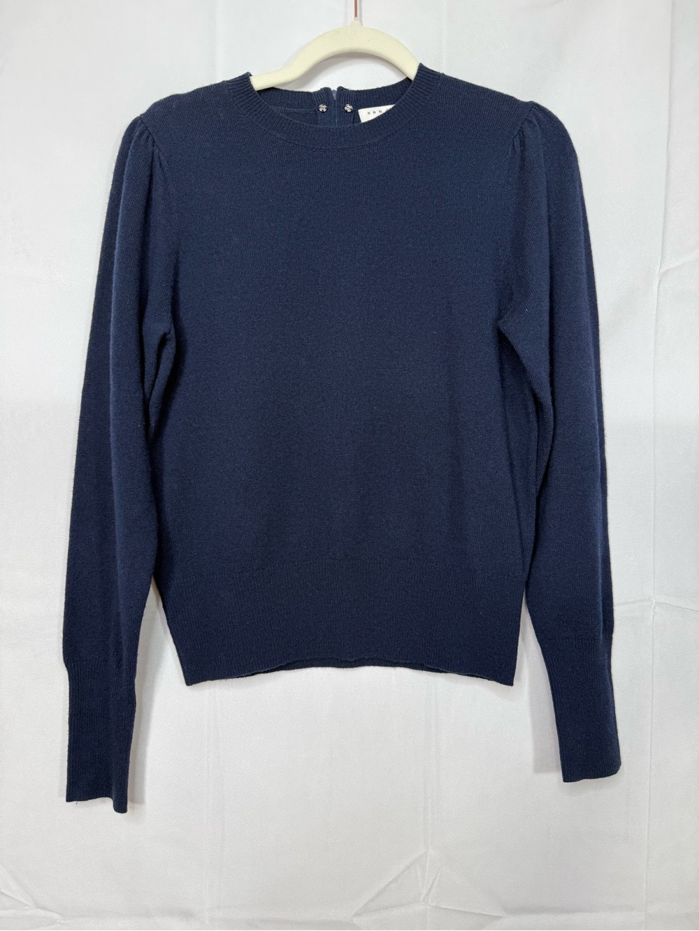 Sandro Wool Cashmere Puff Sleeve Crewneck Sweater Navy Blue